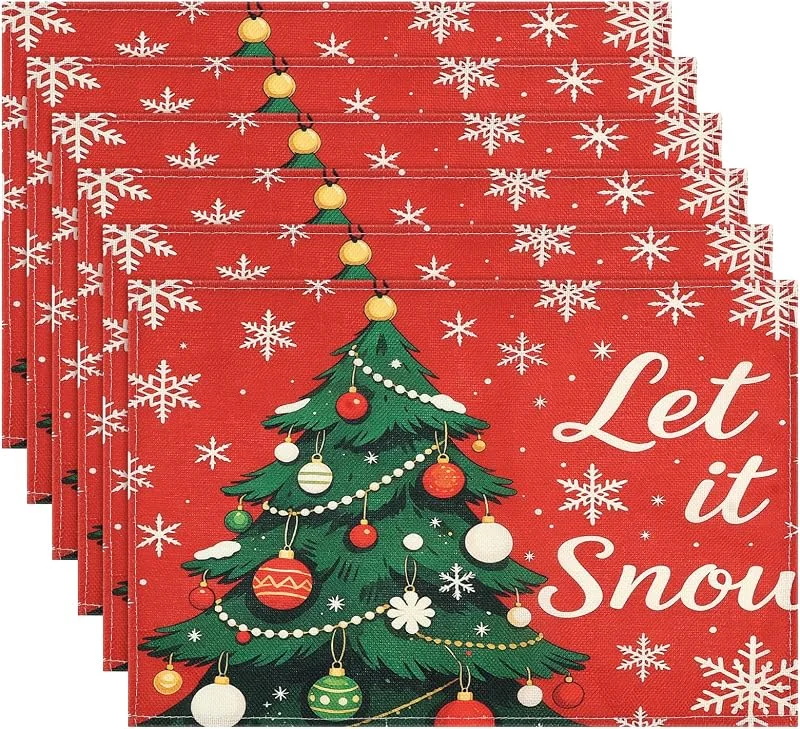 IETWATE 6 Piezas Manteles Individuales Navidad, Mantel Individual Navidad - Salvamanteles Individuales Navidad de Tela Lavable, 45x30 cm, Rojo con Árbol de Navidad y Copos de Nieve para Mesa — Hogar y cocina