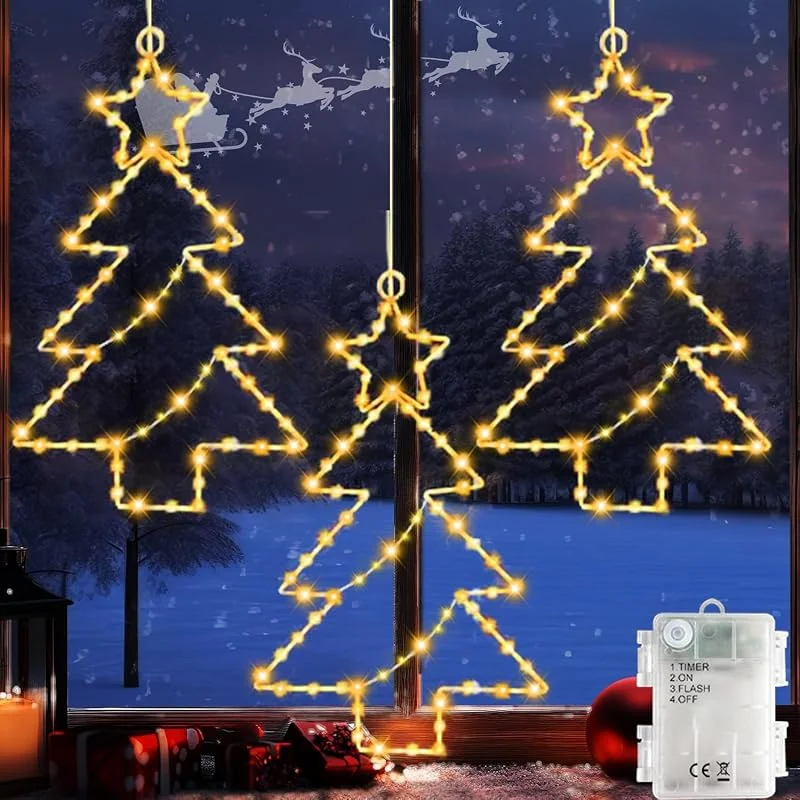 Joysing Estrella Navidad 3 Piezas Luces de Navidad para Ventana de Pilas Con Temporizado — Luces Navidad