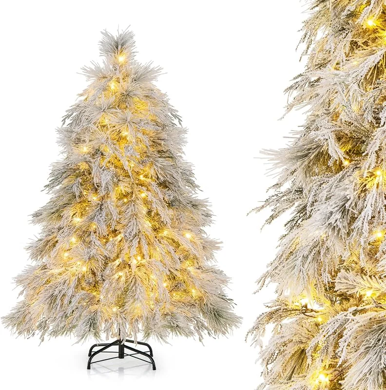 Visita la tienda de COSTWAY COSTWAY Árbol de Navidad Nevado 146, 192 cm, Arbol de Navidad con Luces Incorporadas, 150, 250 Luces LED Blancas Cálidas, Agujas de Pino y Hojas de Sauce, Arvore de Natal Hogar Oficina Fiesta (146 cm) — Decoracion Navidad