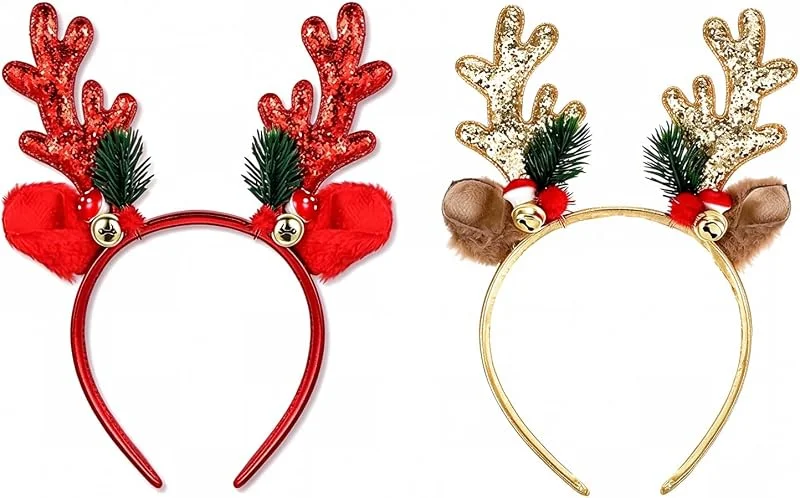 CensuobOB 2 Piezas Diadema de Navidad, Diademas de Reno con Campana y Purpurina, Navideña Disfraz con Pegatinas de Maquillaje para la Cara de Navidad para Mujer Adultos Niños, Decoración Disfraz Navideña — Ropa Navidad