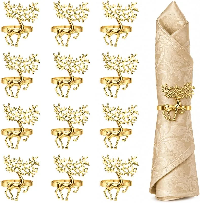 QGGTQG 12 servilleteros de Navidad con ciervo dorado — Adviento y mesa
