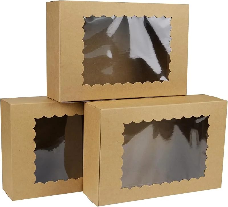 GXFCING 24 Piezas Caja de Reposteria Cartón Kraft Marrón, 22, 9 x 15, 3 x 6, 4cm Caja de Regalo con Ventana para Embalaje de Pastelería Cupcakes Tartas Bizcochos Galletas Navidad — Envoltorio regalo
