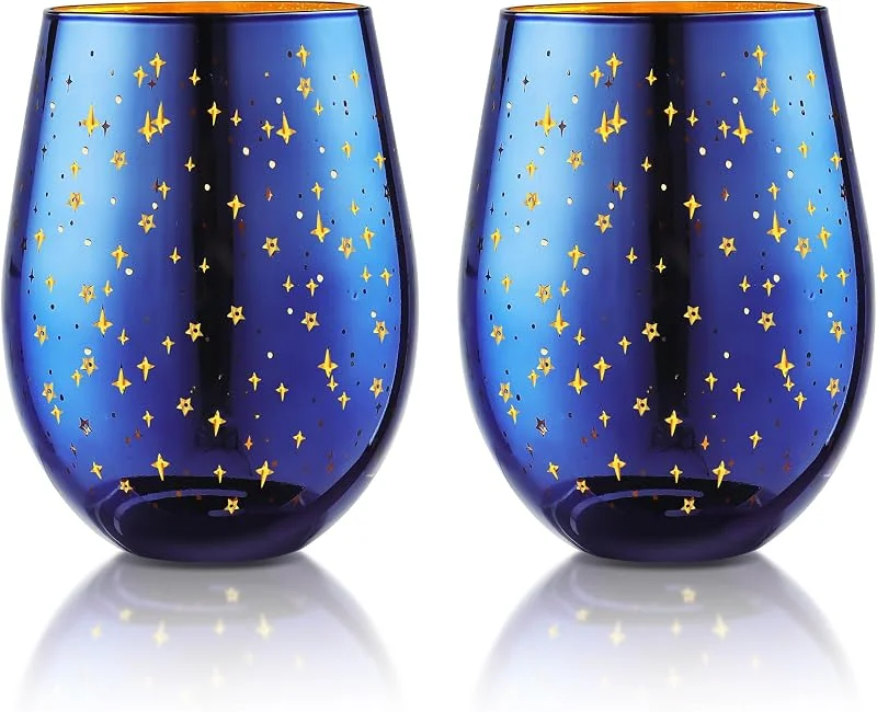 Visita la tienda de Joeyan Joeyan 540ML Copas de Vino sin Tallo Azul, Set de 2 Vasos Navidad — Vino y mesa festiva