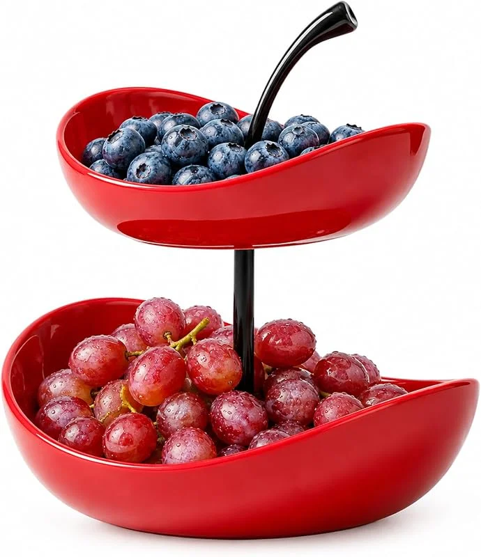 Umllpet Frutero de cerámica rojo de dos pisos con estructura de metal — Cena a la luz de velas