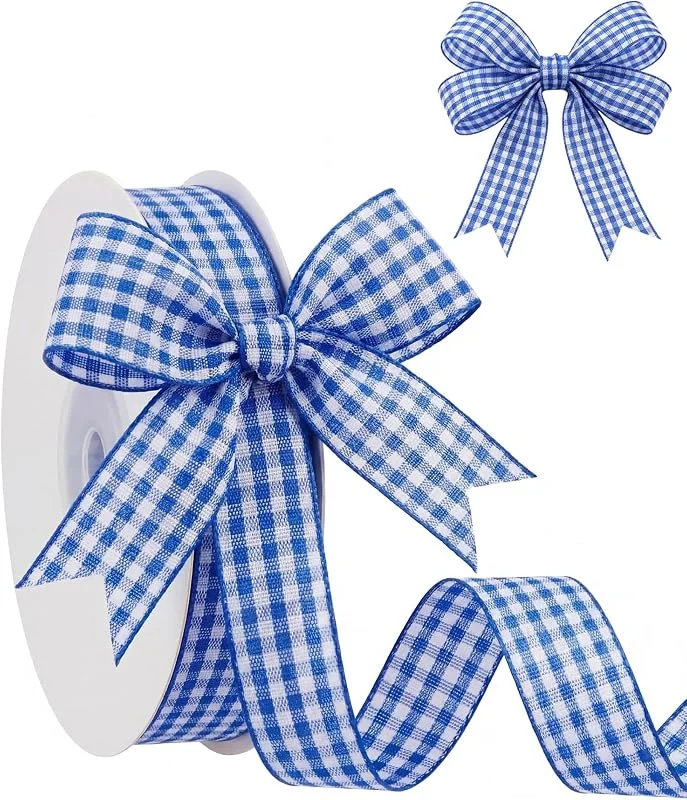 DLDIZM Cinta de Cuadros Vichy Azul y Blanco Doble Cara, 2 cm x 45 m, Decorativa para Manualidades, Envolver Regalos, Navidad, Fiestas y Hogar – La Cinta Vichy para Lazos y Pulseras — Envoltorio regalo
