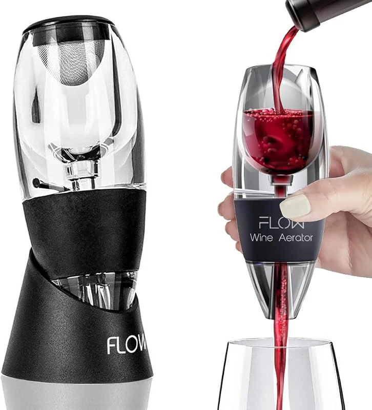 FLOW Barware Aireador de vino, Aireador de vino con filtro y base, Aireador de aire de vino, Juego de aireador de decantador de vino tinto — Vino y mesa festiva