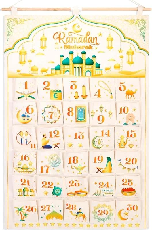 HOWAF Calendario Ramadan Decoracion Fieltro, Ramadan Calendario Adviento para Rellenar, Calendario de Adviento de Tela con 30 Bolsillos para Eid Mubarak Decoración Ramadan Mubarak, Oro Blanco, 10X10CM — Adviento y mesa