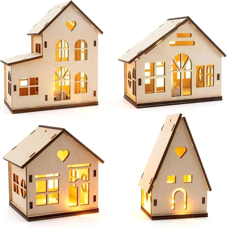 Aitsite 4 Piezas Pueblo Navideño Madera con LED Luz, Pueblo De Navidad En Miniatura, Casa Navideña con Luces Decorativa, Casitas Navidad Luz Led Decoración Navideña Interior Village de Navidad — Decoracion Navidad