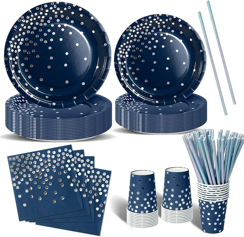 Nkaiso 120 Piezas Azulmarino y plata Vajilla Fiesta Cumpleaños, Platos y Vaso Cumpleaños Infantil, Juego de vajilla Fiestas Platos Desechable Servilletas para Party Decoración Baby Shower -24 Invitado — Adviento y mesa