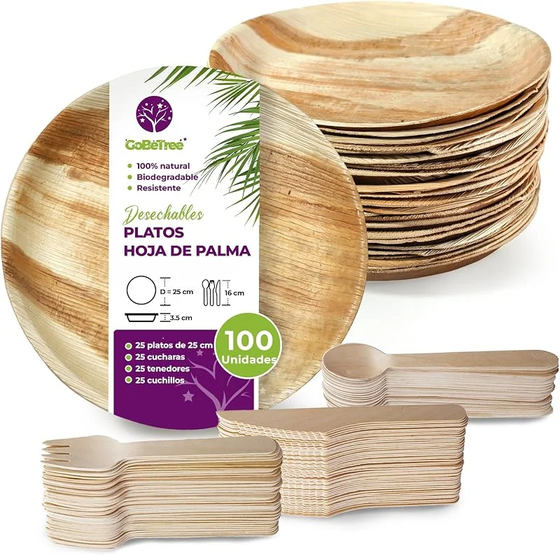 Visita la tienda de GoBeTree GoBeTree Platos Desechables y Cubiertos de Hoja de Palma, 25 Redondos 25 cm — Adviento y mesa