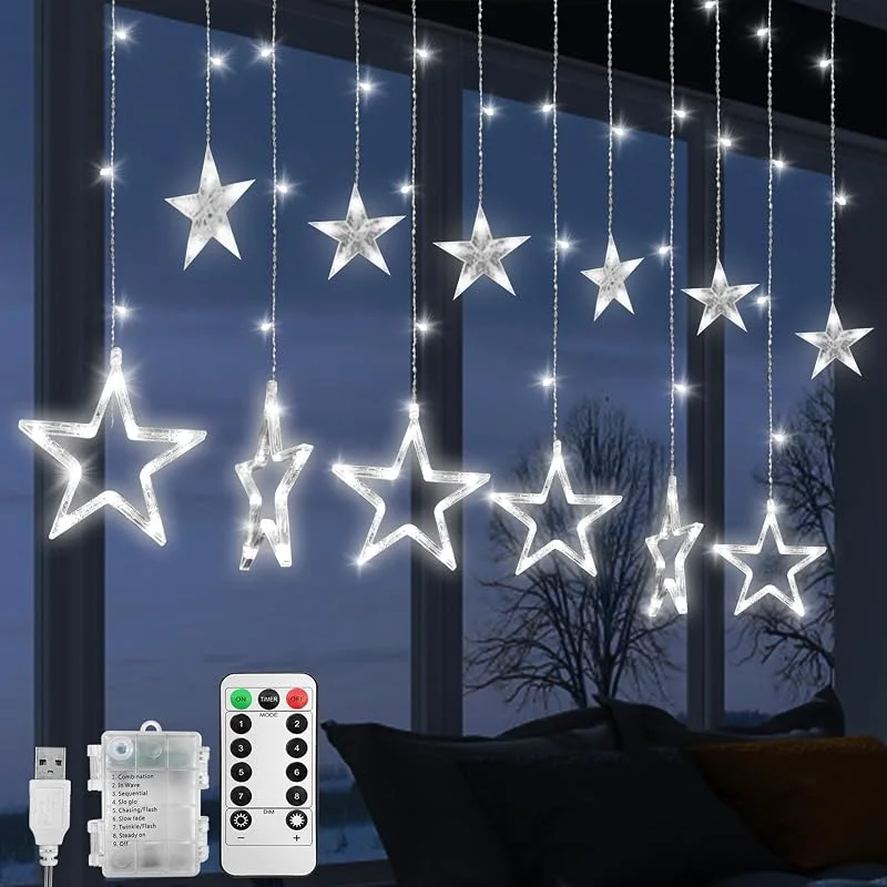 Jsdoin Cortina de luces con 12 Estrella, Guirnalda Luces de Navidad Decorativas 2.5m 138 LED, 8 modos de parpadeoLuces De Cortina De Ventana Blanco Calido, Decoración Para La Navidad (A - Blanco Frío) — Luces Navidad