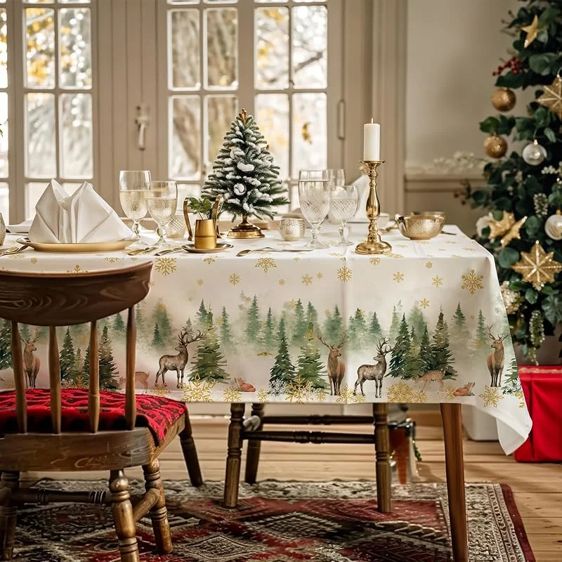 AIBIIN Mantel de Navidad con diseño de Ciervo nevado Dorado, Impermeable, para Festivales, cenas, Fiestas, 142x213cm — Hogar y cocina