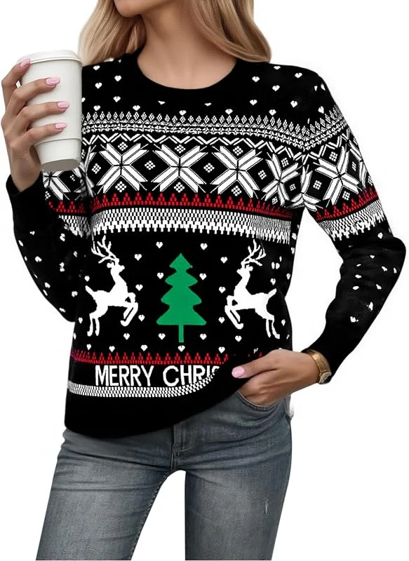 Visita la tienda de Bresdk Bresdk Jersey Navideño Mujer Punto Suéter de Navidad Cuello Redondo con Reno Ugly Christmas Sweater Ideal para Fiestas, Fotos, Oficina S-XXL — Ropa Navidad