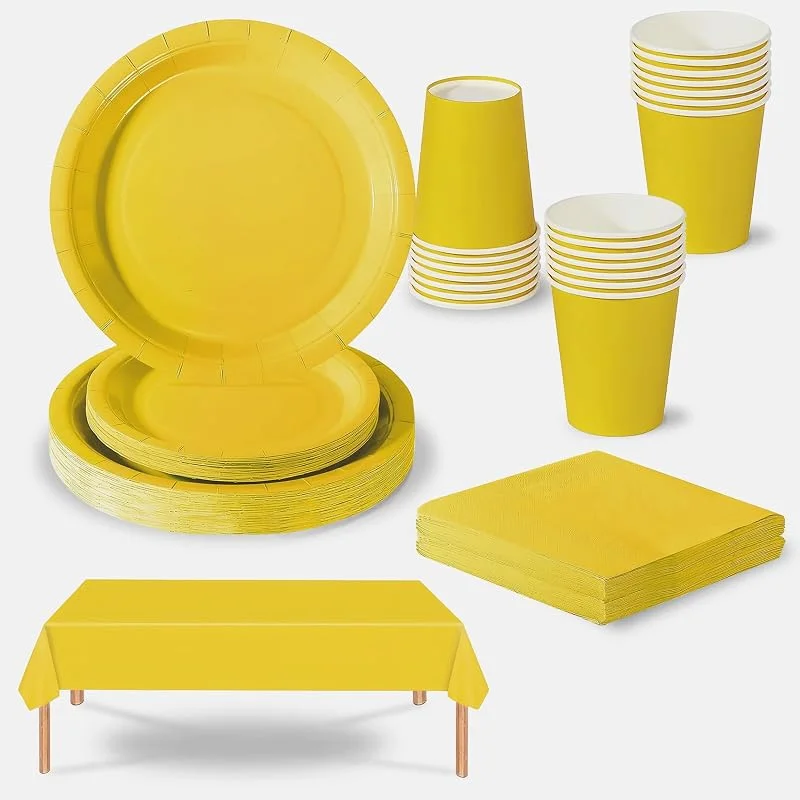 COSORO 69 piezas Amarillo Platos Desechable Juego de Vajilla Desechable Decoración Cumpleaños Fiesta, Platos Servilletas Copa de Papel y Mantel, para Bodas, Picnics, Baby Shower, Biodegradable, Compostables — Adviento y mesa
