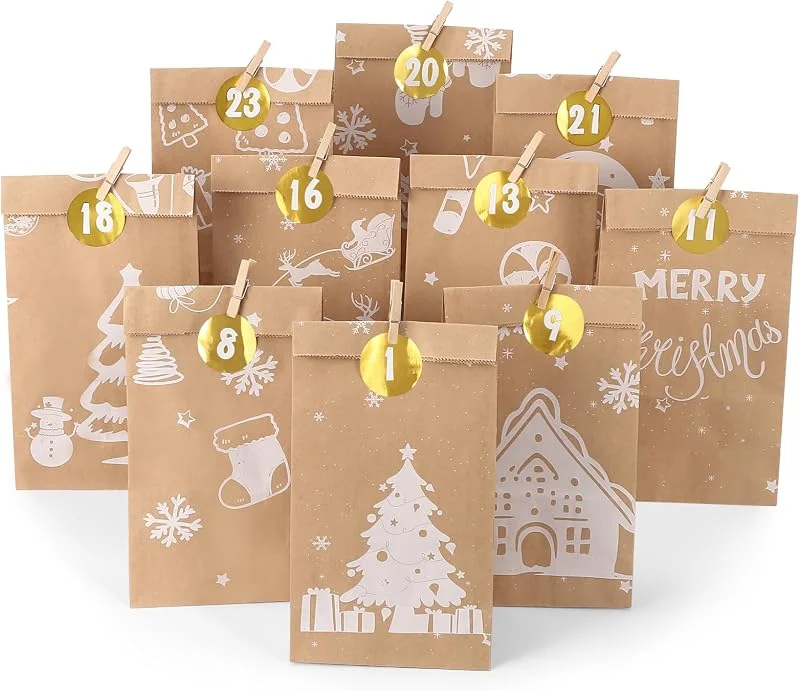 Fulasofia Calendario de Adviento 2025 para rellenar, 24 bolsas para calendario de Adviento para rellenar, calendario de Adviento para rellenar con pegatinas y pinza de madera, diseño de Cozy Winter Blanco — Adviento y mesa