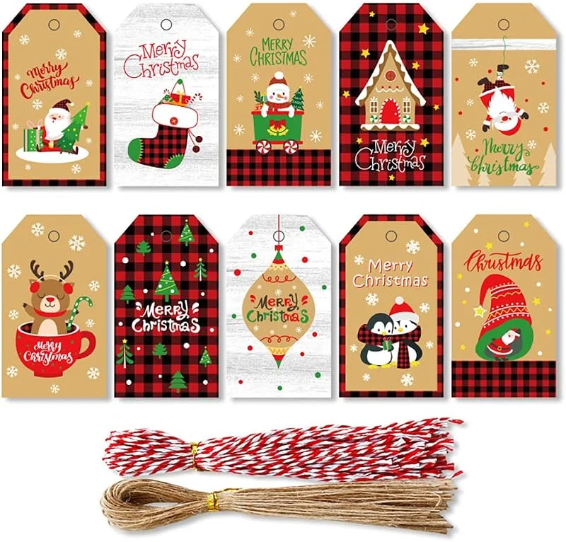 DOJoykey 100 etiquetas de regalo con 10 diseños, etiquetas navideñas con hilo de yute y algodón para envolver regalos y decorar el árbol — Envoltorio regalo
