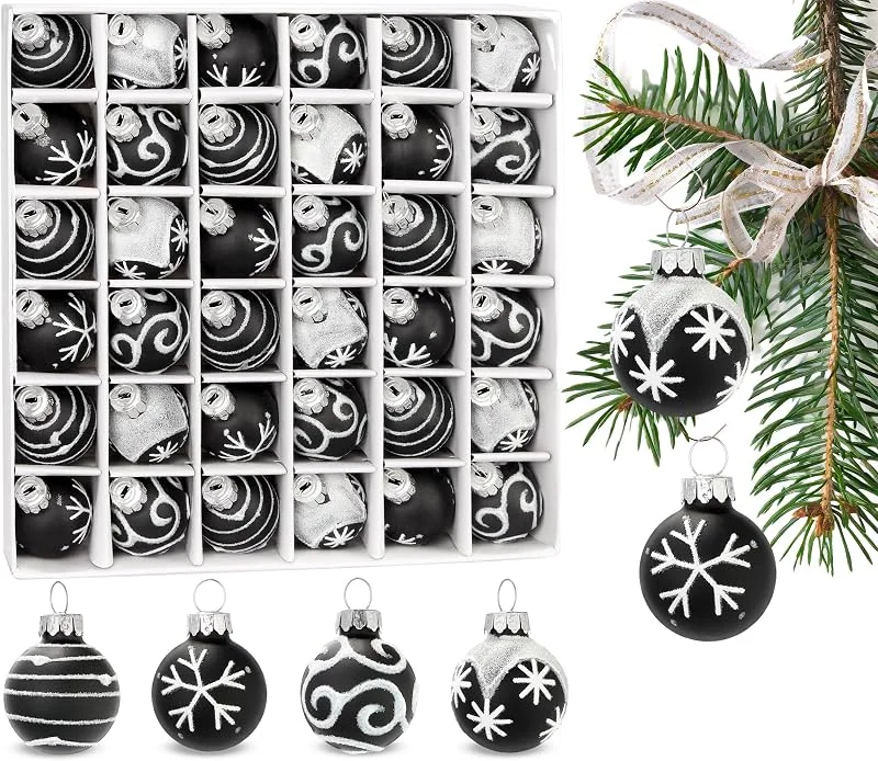 Visita la tienda de BRUBAKER BRUBAKER Set de 36 Bolas de Navidad de 3 cm - Adornos para Árboles de Navidad Decorados a Mano, Mini Bolas para Árbol de Navidad - Adornos Navideños de Vidrio para Árboles de Navidad – Negro — Decoracion Navidad