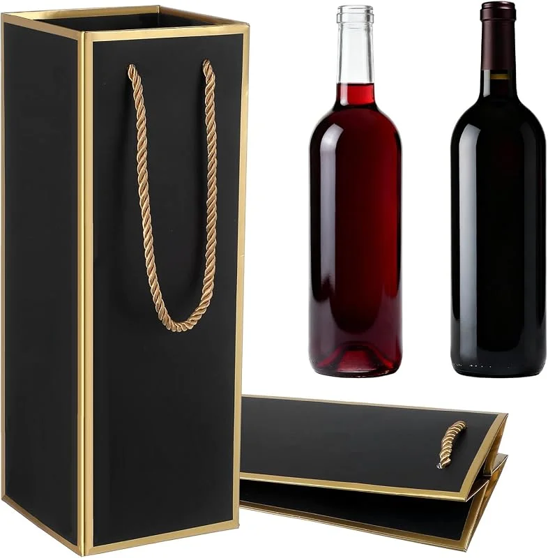 Ouligay 2 bolsas de regalo de vino, bolsas de regalo negras con asa, 10 x 10 x 28 cm, bolsas de regalo, botellas de vino, embalaje para Navidad, bodas, fiestas, celebraciones — Envoltorio regalo