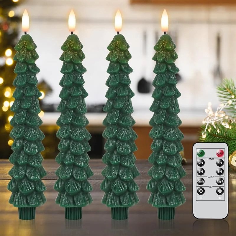 Eldnacele Velas LED para árbol de Navidad con temporizador remoto, 4 velas cónicas sin llama parpadeantes, velas LED que funcionan con pilas para decoraciones de Navidad — Luces Navidad