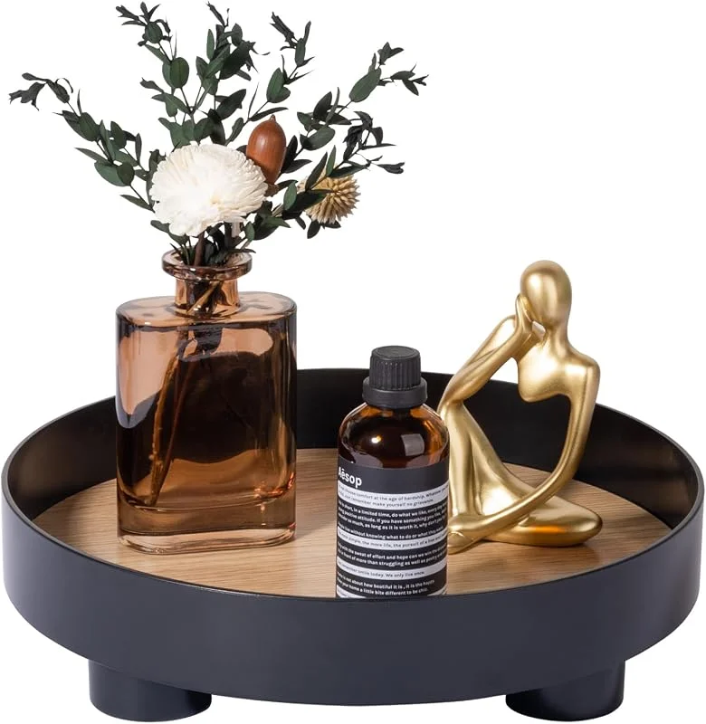 Anyoifax Bandeja Redonda Decorativa para tocador, bandejas de Perfume de baño, Soporte de Pedestal Circular, Elevador de Madera para decoración de exhibición, tocador, Color Negro — Hogar y cocina