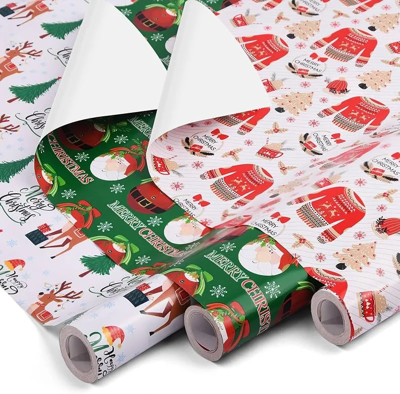 Ahfulife 3 Rollos Papel Regalo Navideño, 43cm x 10M - 3 Rollos de Papel de Embalaje de Navidad Reciclables Papel Kraft Caja de Navidad Regalo Embalaje Decoración de Regalo de Cumpleaños — Envoltorio regalo
