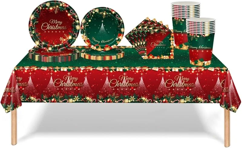 COSORO Juego de Vajilla de Navidad de 69 Piezas: Mantel de Plástico, Platos de Papel, Servilletas y Vasos para Decoración de Mesa de Fiesta de Navidad con "Merry Christmas" para Suministros — Adviento y mesa