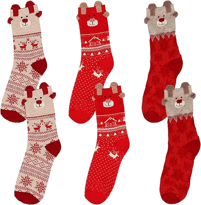 Eterspr 3 Pares de Calcetines Navideños, Valcetines de Navidad para Mujer, CalcetinesNavideños de Dibujos Animados, Copo de Nieve de Reno, para Regalos Navideños, Mantener el Calor en Invierno — Decoracion Navidad