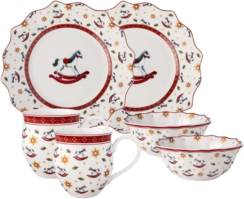 Villeroy & Boch - Toy's Delight set de desayuno para 2 personas caballito balancín 6 piezas colorido, vajilla de Navidad, Vajilla con platos, tazas y cuencos de desayuno, porcelana premium — Adviento y mesa