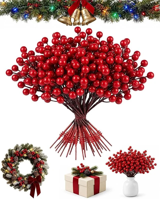 BIVYAX 20 Unidades Bayas de Acebo Artificiales Decorativas de Ramo en Rojo, Cuerda de Bayas Artificiales de 21cm, Resistentes a la Intemperie, Para Coronas de Puerta, Centro de Mesa y Árbol de Navidad — Decoracion Navidad