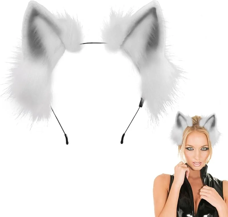 FUIPVGI Hecha a Mano de Piel Sintética con Orejas de Lobo de Zorro, Orejas de Gato Animales Orejas de Lobo Zorro Diadema, Halloween Navidad Cosplay Fiesta Accesorios de Disfraz para Mujer Niñas (Gris) — Ropa Navidad