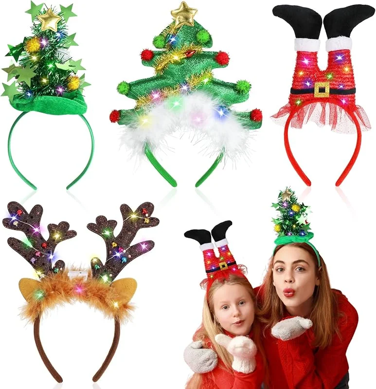 Beipegin 4 Piezas LED Diadema Navidad, iluminan Diadema Accesorios Navidad Elfos Navideños y Arbol de Navidad Diademas de Navidad para Adultos Fiesta de Navidad — Ropa Navidad