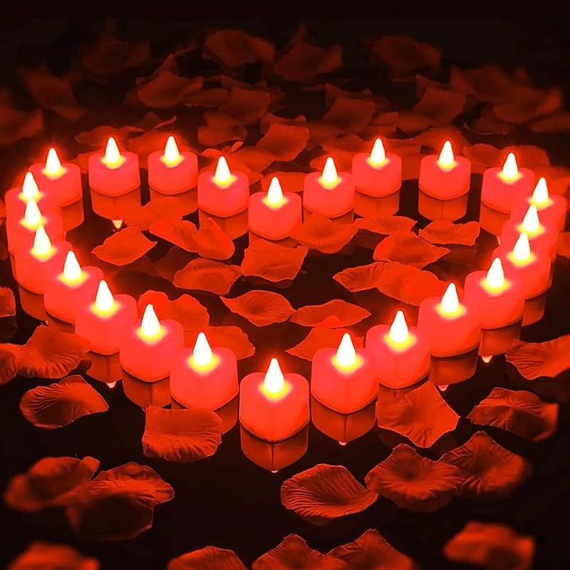 DWTECH 1000 Piezas Pétalos de Rosa Falsos Artificiales y 24 Velas sin Llama en Forma de Corazón Velas — Cena a la luz de velas