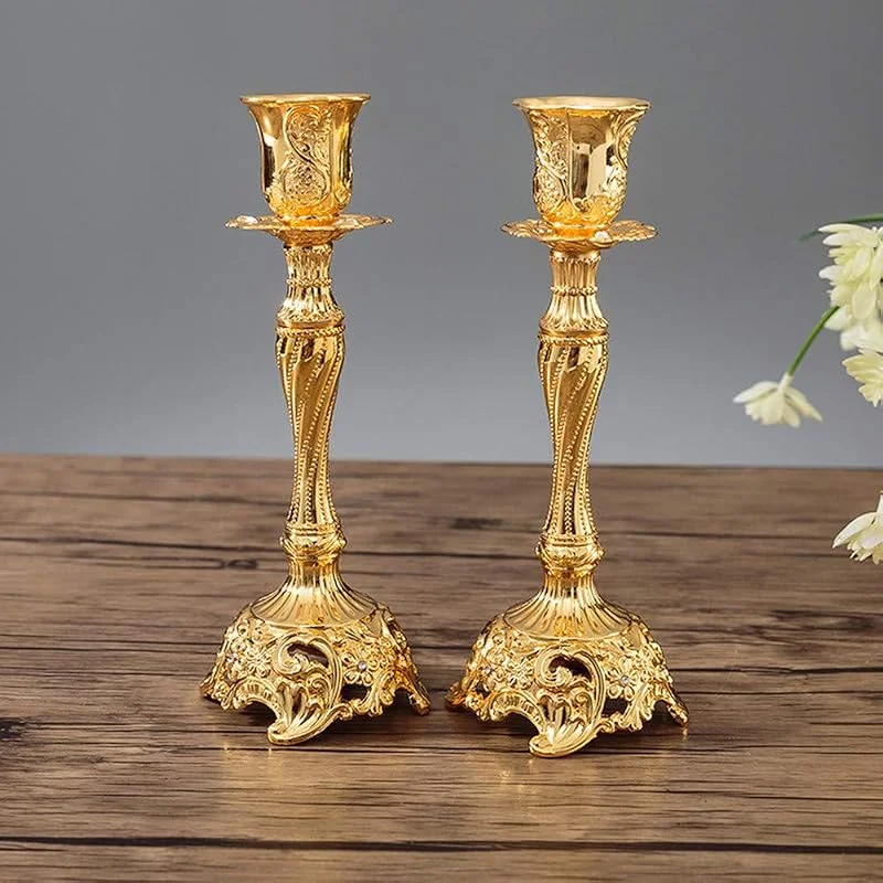 Visita la tienda de Sziqiqi Sziqiqi Juego de 2 Candelabros de Metal Portavelas Oro para Comedor Mesa de Centro de Mesa Boda Decoración, Candelabros Adornados para Velas Shabat Taper, Oro — Cena a la luz de velas
