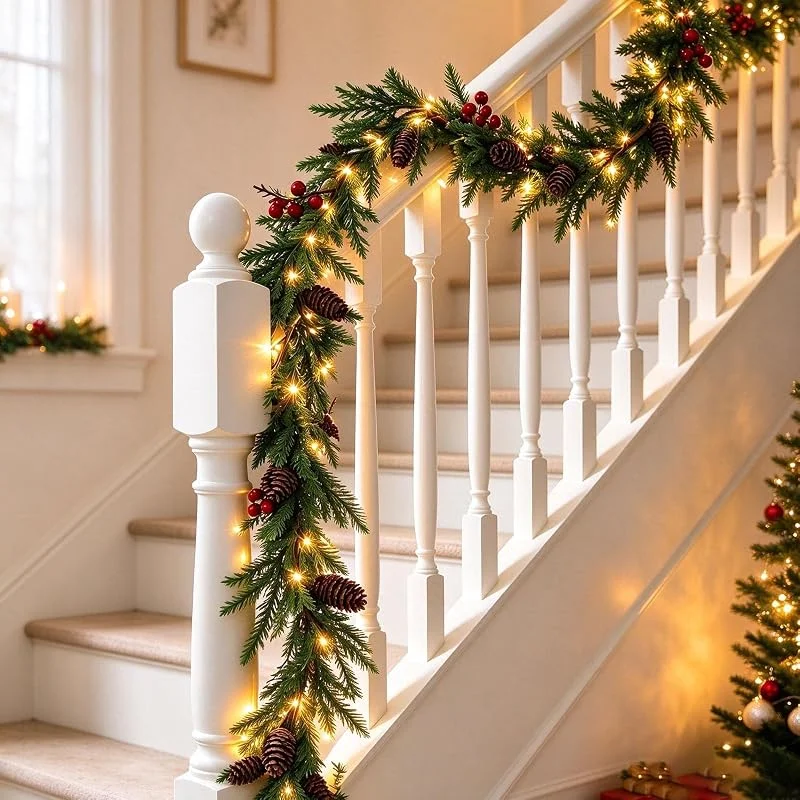 Weiongppy Guirnalda Navideña Luminosa 1, 8 m con 35 LED Blanco Cálido, Guirnalda de Pino Artificial con Piñas y Bayas Rojas, Decoración Navidad para Escalera, Chimenea y Puerta — Decoracion Navidad
