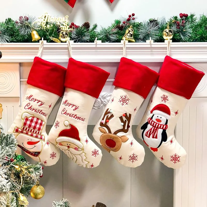 Hopearl Juego de Calcetines de Navidad de 48 cm, 4 Unidades, Calcetines de Navidad, muñeco de Nieve, Reno, pingüino, Calcetines de Lino rústico, Bolsas de Regalo para Suministros de Fiesta de árbol — Decoracion Navidad
