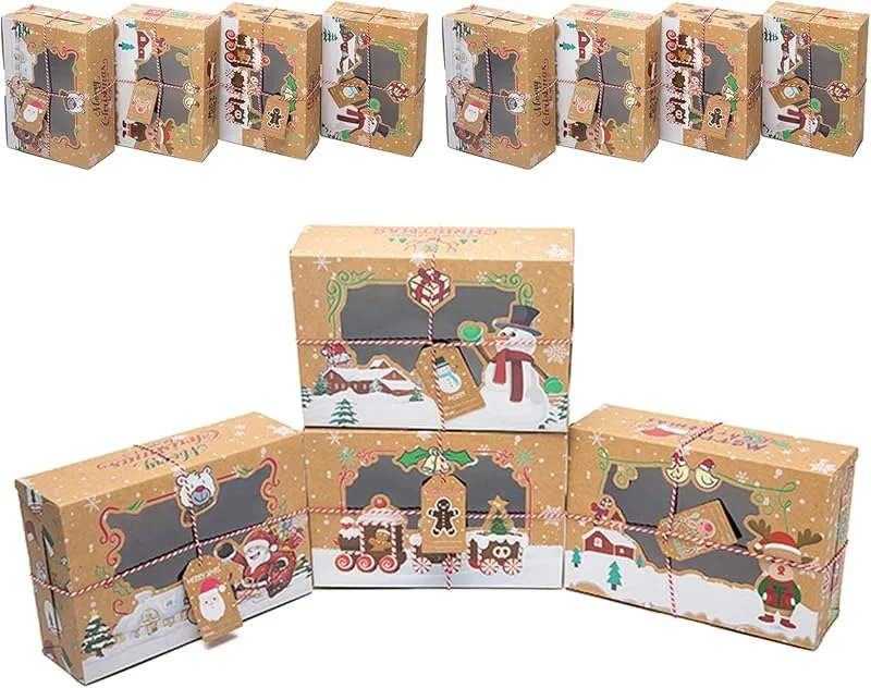 CTForest 12 Piezas Cajas De Galletas Navideñas, 22 * 15 * 7cm, con Ventana Transparente, Etiquetas, Caja de Regalo de Galletas de Papel de Navidad, para Envasar Cupcakes, Galletas, Dulces, etc — Envoltorio regalo