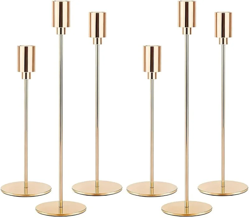 Filltown Juego de 6 candelabros dorados de 32, 27, 22 cm, candelabro decorativo vintage de metal para repisas de chimenea, bodas, cenas, cumpleaños, centro de mesa, decoración del hogar — Cena a la luz de velas