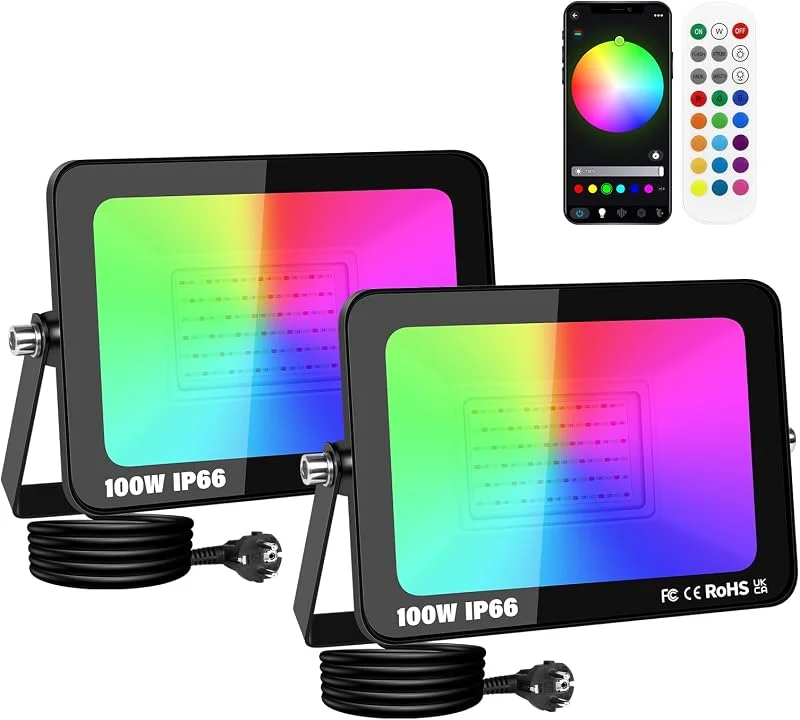 Visita la tienda de SKYWORLD SKYWORLD 2x Foco LED RGB Exterior, 100W 10000 LM Proyector Led RGBW Colores — Luces Navidad