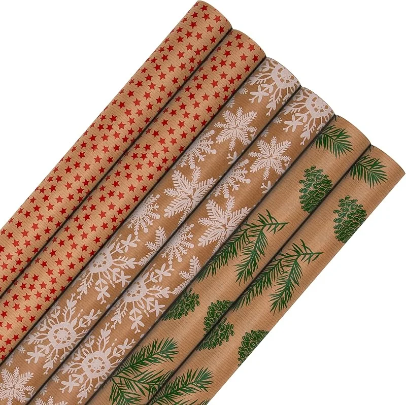 Hallmark Papel de regalo de Navidad, paquete de 6 envoltorios de regalo de papel kraft marrón, 3 m cada uno, 3 diseños festivos, estrellas, copos de nieve, árboles — Envoltorio regalo