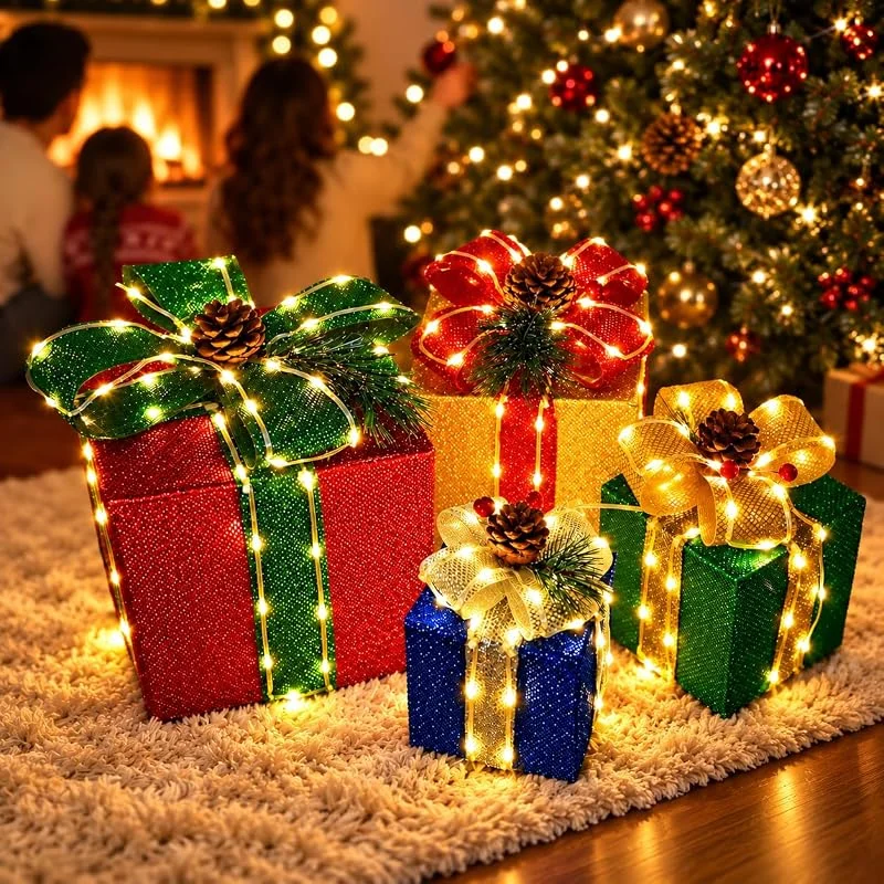 MaxEarn Juego de 4 cajas de regalo de Navidad iluminadas, 8 modos y — Envoltorio regalo