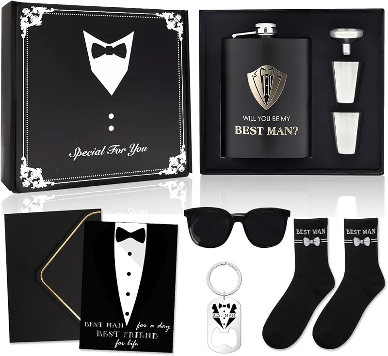YYSWSAKY Regalo para Padrino de Boda, Set de Regalo para Padrinos de Boda Negro, Petaca con Grabado de Acero Inoxidable, Vasos, Embudo, Abridor de Botellas, Tarjeta de Felicitación, Calcetines — Vino y mesa festiva