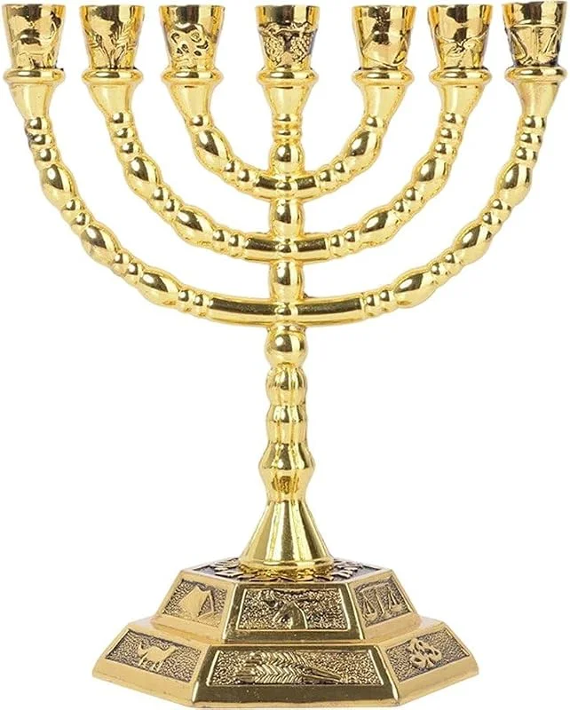 Lpitoy Candelabro Tradicional del Templo De Jerusalén, Menorá Judía De 7 Ramas De Tribus De Israel, Candelabros, Base Hexagonal, Candelabro Judío De Tierra Santa — Cena a la luz de velas