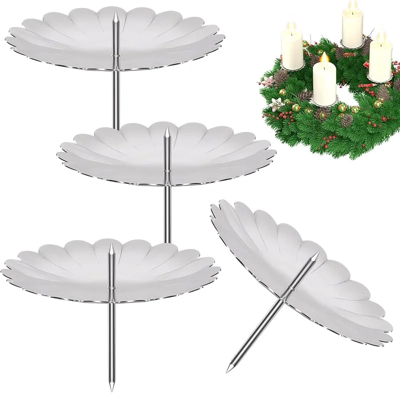LanpoVista Juego de 4 portavelas para corona de Adviento: 8 cm de metal en forma de pétalos con mandril de acero inoxidable, decoración navideña y corona de Adviento, minimalista, plateado — Adviento y mesa