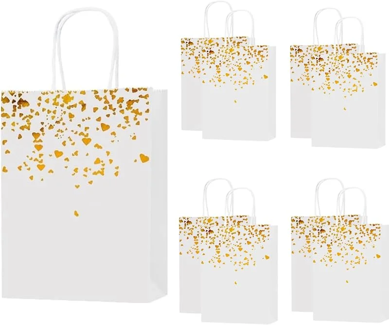 Bakiauli 20 Piezas Bolsas Papel Regalo de Oro Blanco, Bolsas de Papel con Asas Reutilizable para Embalaje de Regalo, Fiestas de Cumpleaños Compras Bodas Navidad — Envoltorio regalo