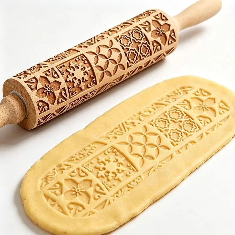 Yadiraom Rodillo de amasar con relieve navideño, rodillo de amasar con anillos extraíbles, rodillo de madera con patrón 3D, rollos de Navidad para hacer galletas de cocina, 39 cm x 5 cm — Hogar y cocina