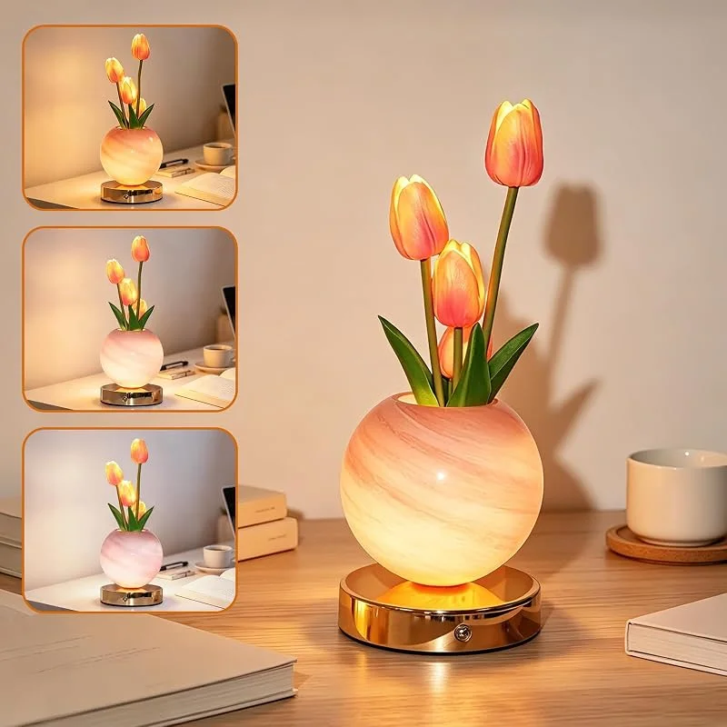 Howeifull Lámpara de mesa de tulipán, 3 colores de lámpara de noche — Cena a la luz de velas