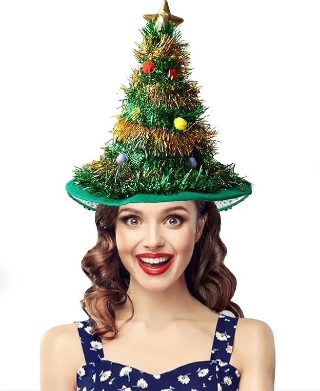 JIAMIAN Sombrero de Navidad, Gorro de Árbol de Navidad, Adulto Verde Lentejuela Dorada, con Estrella Divertido Gorro de Navidad, Gorro de Bruja para Fiesta de Papá Noel Decoración Navideña tocado — Ropa Navidad