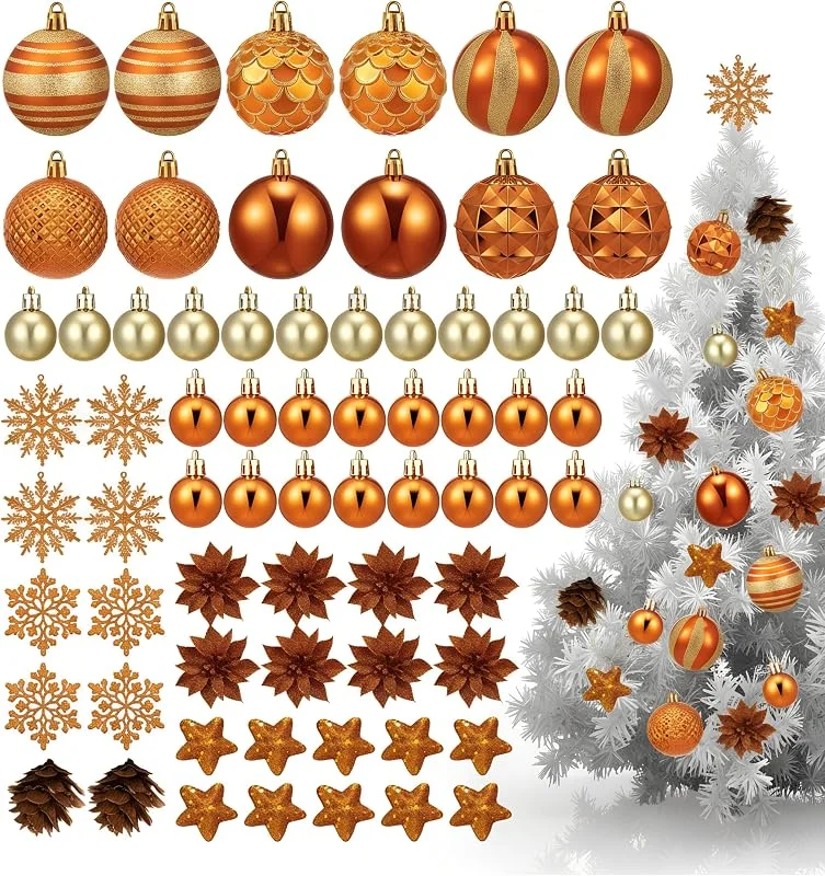 Sinmoe 70 Piezas Adornos para Árbol de Navidad Set de Bolas de Navidad Paquete Irrompible Copo de Nieve con Purpurina Flores de Pascua Estrella para Fiestas Aire Libre (70 Piezas, Cobre y Dorado) — Decoracion Navidad