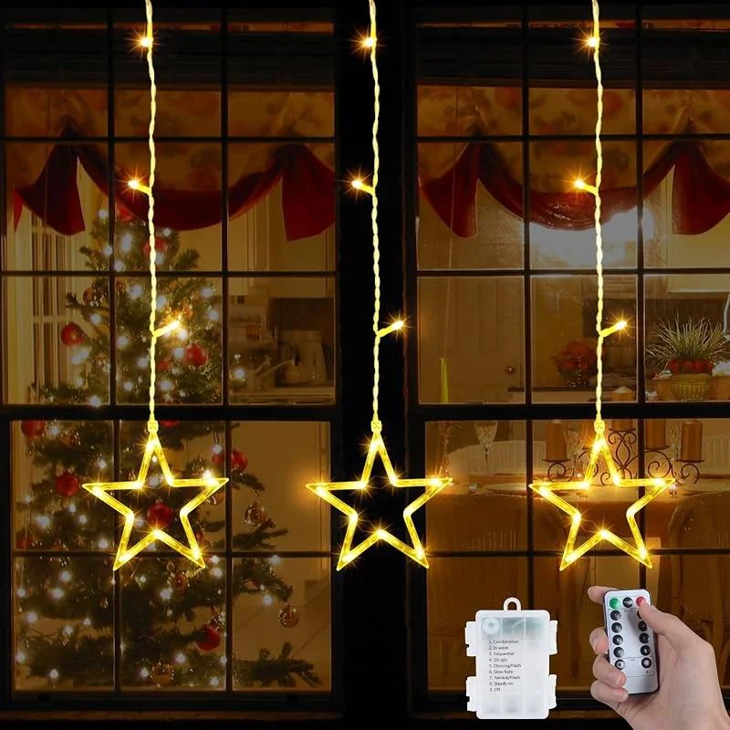 Qoosea Cortina de Luces Estrellas 39LED 8 Modos Guirnalda Luces de Navidad Luces de Cortina Funciona con Pilas Luces Cadena de Ventana Interior Impermeable para Decoración de Navidad Ventana Boda — Decoracion Navidad