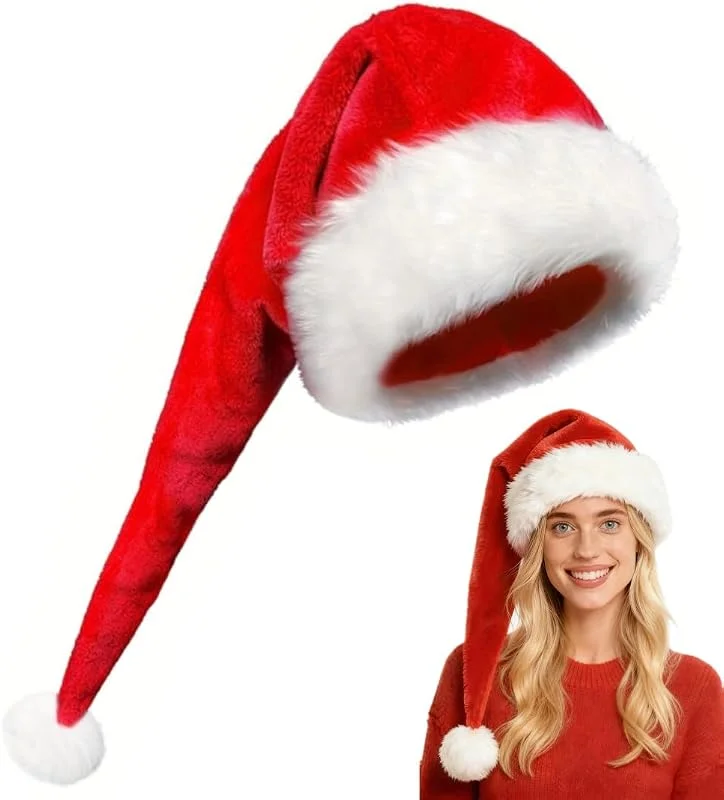 FORDJA Gorro Papá Noel, Gorro de Papá Noel de Felpa con Ribete de Pelo Grueso, Gorros Navidad Largo para Adulto, para Fiestas Navideñas — Ropa Navidad